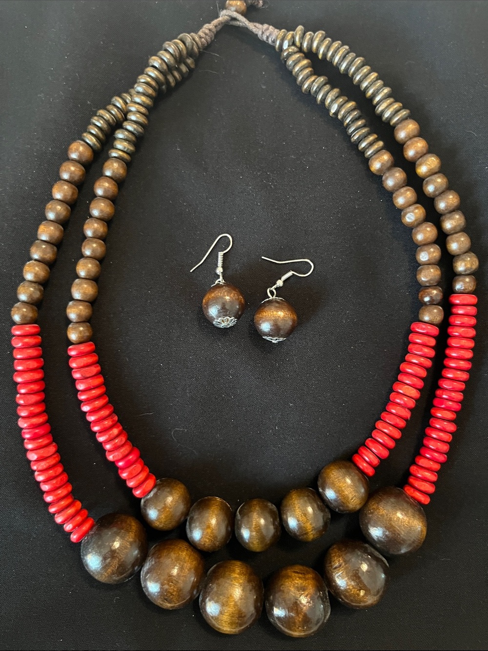 Wooden Bead Necklace with Matching Earrings